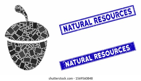 Mosaic acorn icon and rectangular watermarks. Flat vector acorn mosaic icon of randomized rotated rectangular elements. Blue caption seals with grunge textures.