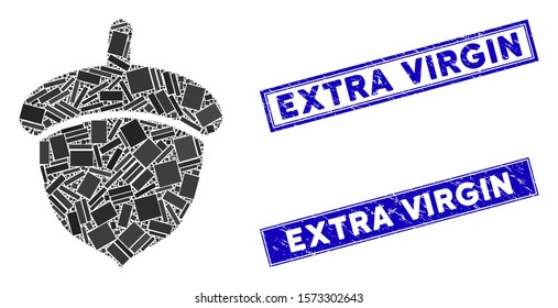 Mosaic acorn pictogram and rectangle Extra Virgin watermarks. Flat vector acorn mosaic pictogram of random rotated rectangle items. Blue Extra Virgin watermarks with grunge texture.