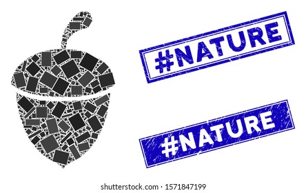 Mosaic acorn pictogram and rectangle #Nature seal stamps. Flat vector acorn mosaic pictogram of random rotated rectangle items. Blue #Nature seals with grunge surface.