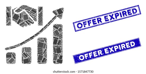 Mosaic acquisition hands growth chart icon and rectangular Offer Expired seal stamps. Flat vector acquisition hands growth chart mosaic icon of randomized rotated rectangular items.