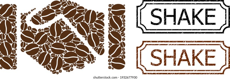 Mosaic acquisition handshake designed from coffee seeds, and grunge Shake rectangle seal stamps with notches.