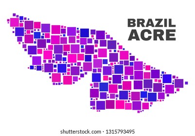 Mosaic Acre State map isolated on a white background. Vector geographic abstraction in pink and violet colors. Mosaic of Acre State map combined of scattered square elements.