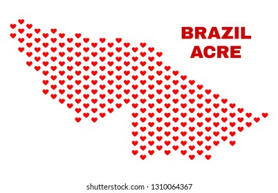Mosaic Acre State map of love hearts in red color isolated on a white background. Regular red heart pattern in shape of Acre State map. Abstract design for Valentine illustrations.