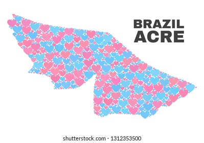 Mosaic Acre State map of love hearts in pink and blue colors isolated on a white background. Lovely heart collage in shape of Acre State map. Abstract design for Valentine decoration.