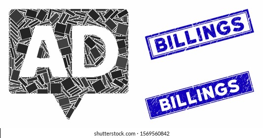 Mosaic ad banner pictogram and rectangle seal stamps. Flat vector ad banner mosaic icon of randomized rotated rectangle elements. Blue caption seal stamps with scratched textures.