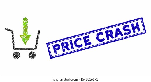 Mosaic add to basket and corroded stamp seal with Price Crash text. Mosaic vector add to basket is designed with randomized rectangles. Price Crash stamp seal uses blue color.