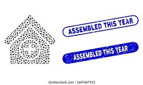 Mosaic add building and grunge stamp seals with Assembled This Year caption. Mosaic vector add building is created with random oval elements. Assembled This Year stamp seals use blue color,