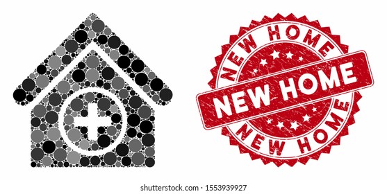 Mosaic add building and rubber stamp seal with New Home text. Mosaic vector is created with add building icon and with random spheric items. New Home stamp seal uses red color, and grunge design.