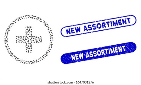 Los sellos de sellos de sellado con mosaico y corroídos con la leyenda New Assortiment. La adición de vector mosaico se forma con puntos de elipse aleatorizados. Los sellos nuevos de sello de surtido utilizan el color azul y tienen forma rectangular redonda.