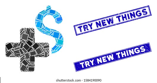 Mosaic add dollar pictogram and rectangle Try New Things rubber prints. Flat vector add dollar mosaic pictogram of random rotated rectangular elements. Blue Try New Things stamps with rubber surface.