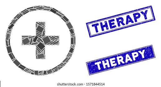 Mosaic add pictogram and rectangle Therapy watermarks. Flat vector add mosaic pictogram of random rotated rectangle items. Blue Therapy watermarks with grunge texture.