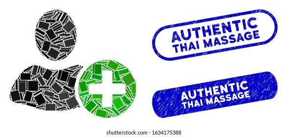 Mosaic add user and corroded stamp seals with Authentic Thai Massage text. Mosaic vector add user is composed with scattered rectangles. Authentic Thai Massage stamp seals use blue color,