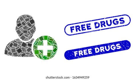 Mosaic add user and corroded stamp seals with Free Drugs text. Mosaic vector add user is formed with randomized rectangle items. Free Drugs stamp seals use blue color, and have round rectangle shape.