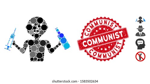 Mosaic addict man icon and corroded stamp watermark with Communist phrase. Mosaic vector is formed with addict man icon and with scattered spheric elements. Communist stamp seal uses red color,