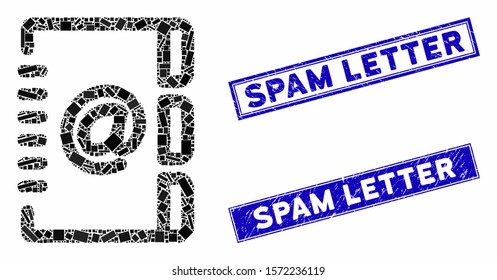 Mosaic Address email icon and rectangular Spam Letter watermarks. Flat vector Address email mosaic icon of random rotated rectangular items. Blue Spam Letter watermarks with grunge surface.