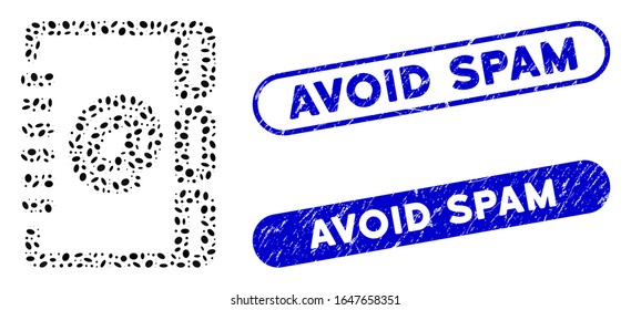 Mosaic Address email and rubber stamp watermarks with Avoid Spam text. Mosaic vector Address email is designed with scattered ellipse items. Avoid Spam stamp seals use blue color,