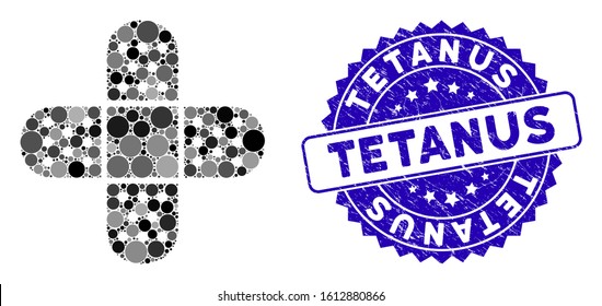 Mosaic adhesive patch icon and grunge stamp seal with Tetanus phrase. Mosaic vector is designed with adhesive patch icon and with random round spots. Tetanus seal uses blue color, and dirty surface.