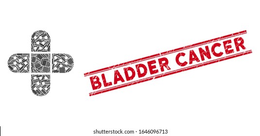 Pictograma de parche adhesivo mosaico y sello de sello de sello de cáncer de vejiga roja entre líneas paralelas dobles. Pictograma de mosaico de parche adhesivo de vector plano de elementos rectangulares rotados aleatoriamente.