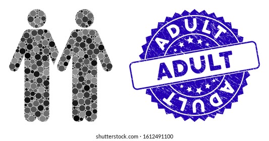 Mosaic adult friends icon and grunge stamp seal with Adult caption. Mosaic vector is composed with adult friends pictogram and with scattered round elements. Adult stamp seal uses blue color,