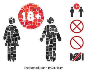 Mosaic For adults icon composed of square items in various sizes and color hues. Vector square items are composed into abstract composition for adults icon. Bonus icons are added.