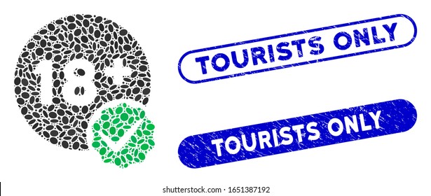 Mosaic adults only and rubber stamp seals with Tourists Only text. Mosaic vector adults only is created with randomized ellipse items. Tourists Only stamp seals use blue color,