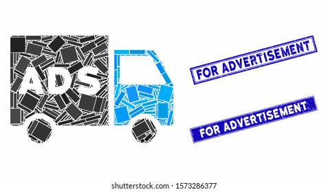 Mosaic advertisement van pictogram and rectangle For Advertisement seal stamps. Flat vector advertisement van mosaic icon of random rotated rectangle items.