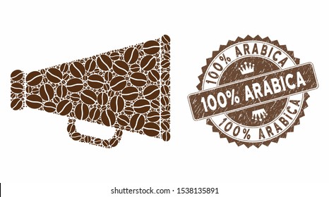 Mosaic advertising megaphone and corroded stamp watermark with 100% Arabica caption. Mosaic vector advertising megaphone is formed with seeds. 100% Arabica stamp uses brown color.