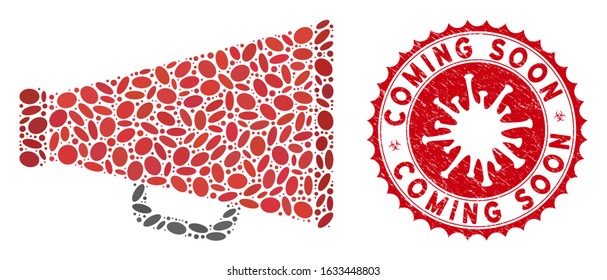 Mosaic advertising megaphone icon and red round grunge stamp seal with Coming Soon phrase and coronavirus symbol.