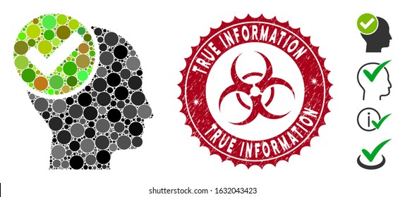 Mosaic advised icon and corroded stamp watermark with True Information caption and biohazard symbol. Mosaic vector is formed with advised icon and with random circle elements.