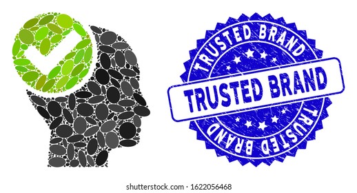 Mosaic advised icon and rubber stamp watermark with Trusted Brand caption. Mosaic vector is composed with advised icon and with randomized oval spots. Trusted Brand stamp seal uses blue color,