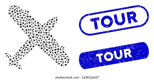 Mosaic aeroplane and grunge stamp seals with Tour text. Mosaic vector aeroplane is designed with randomized ellipse parts. Tour stamp seals use blue color, and have round rectangle shape.