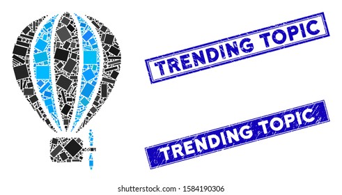 Mosaic aerostat balloon pictogram and rectangular Trending Topic watermarks. Flat vector aerostat balloon mosaic pictogram of randomized rotated rectangular elements.