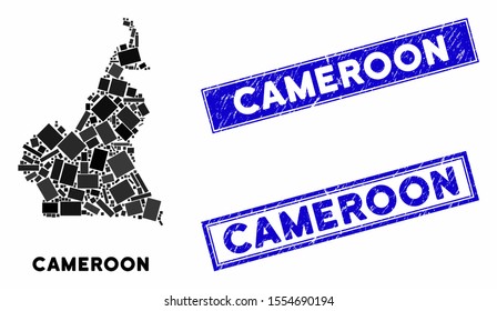 Mosaic African Cameroon map and rectangle stamps. Flat vector African Cameroon map mosaic of scattered rotated rectangle elements. Blue caption stamps with grunge texture.
