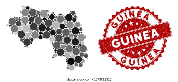 Mosaic African Guinea map and round watermark. Flat vector African Guinea map mosaic of randomized round items. Red watermark with corroded style. Designed for political and patriotic doctrines.