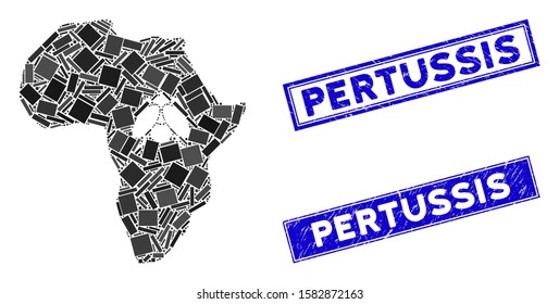 Mosaic African trypanosomiasis icon and rectangle Pertussis rubber prints. Flat vector African trypanosomiasis mosaic icon of scattered rotated rectangle elements.