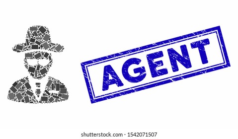 Mosaic agent and distressed stamp seal with Agent caption. Mosaic vector agent is designed with randomized rectangle items. Agent stamp seal uses blue color.