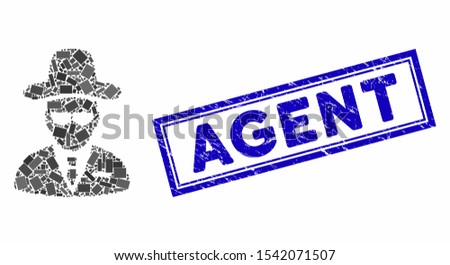Mosaic agent and distressed stamp seal with Agent caption. Mosaic vector agent is designed with randomized rectangle items. Agent stamp seal uses blue color.