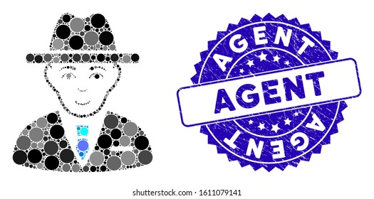 Mosaic agent icon and distressed stamp seal with Agent phrase. Mosaic vector is created from agent icon and with scattered round elements. Agent stamp seal uses blue color, and distress texture.