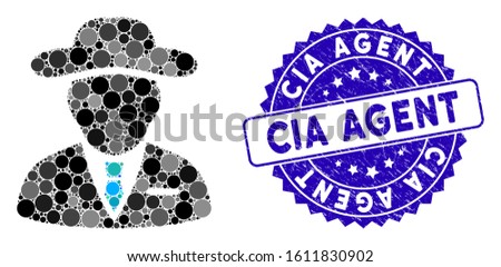 Mosaic agent icon and distressed stamp seal with CIA Agent text. Mosaic vector is created with agent icon and with random circle spots. CIA Agent seal uses blue color, and grunged texture.