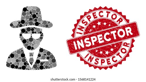 Mosaic agent and rubber stamp seal with Inspector text. Mosaic vector is composed with agent icon and with random round elements. Inspector stamp seal uses red color, and rubber surface.