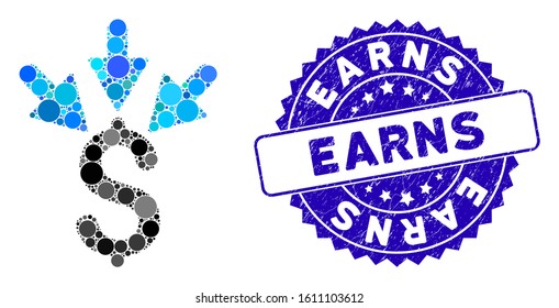 Mosaic aggregate payment icon and rubber stamp seal with Earns phrase. Mosaic vector is created with aggregate payment icon and with scattered spheric spots. Earns seal uses blue color,