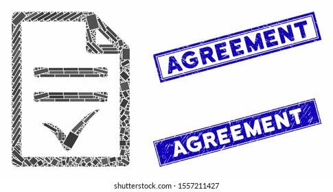 Mosaic agreement document icon and rectangle stamps. Flat vector agreement document mosaic icon of scattered rotated rectangle elements. Blue caption rubber stamps with scratched texture.