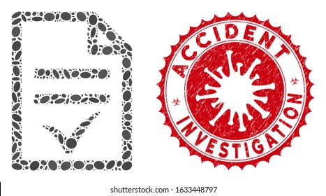 Mosaic agreement document icon and red round grunge stamp seal with Accident Investigation text and coronavirus symbol.
