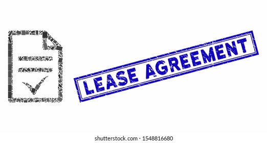 Mosaic agreement document and rubber stamp seal with Lease Agreement text. Mosaic vector agreement document is created with random rectangle items. Lease Agreement stamp seal uses blue color.