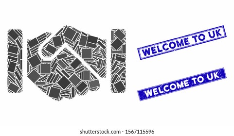 Mosaic agreement handshake pictogram and rectangular stamps. Flat vector agreement handshake mosaic pictogram of randomized rotated rectangular elements. Blue caption stamps with corroded surface.