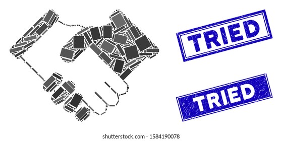 Mosaic agreement icon and rectangular Tried seal stamps. Flat vector agreement mosaic icon of random rotated rectangular elements. Blue Tried stamps with grunge texture.