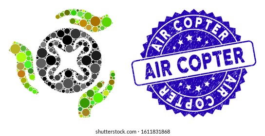 Mosaic air copter care hands icon and rubber stamp watermark with Air Copter phrase. Mosaic vector is formed with air copter care hands icon and with scattered circle spots.
