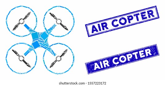 Mosaic air copter pictogram and rectangular seal stamps. Flat vector air copter mosaic pictogram of random rotated rectangle items. Blue caption seal stamps with grunge texture.