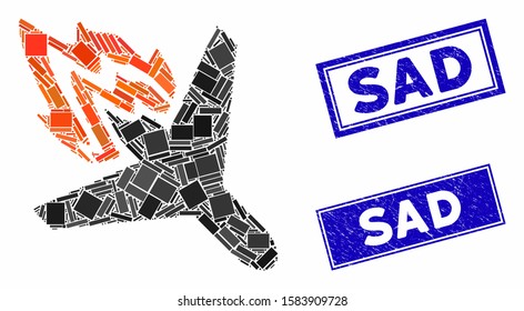 Mosaic air crash icon and rectangular Sad seals. Flat vector air crash mosaic icon of randomized rotated rectangular elements. Blue Sad rubber stamps with rubber texture.