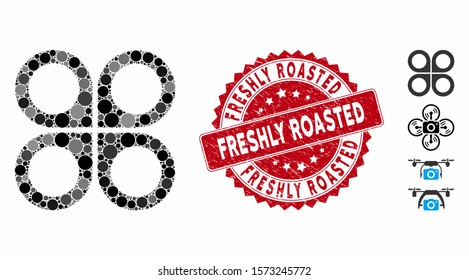 Mosaic air drone icon and grunge stamp watermark with Freshly Roasted phrase. Mosaic vector is formed from air drone icon and with scattered spheric spots. Freshly Roasted stamp uses red color,